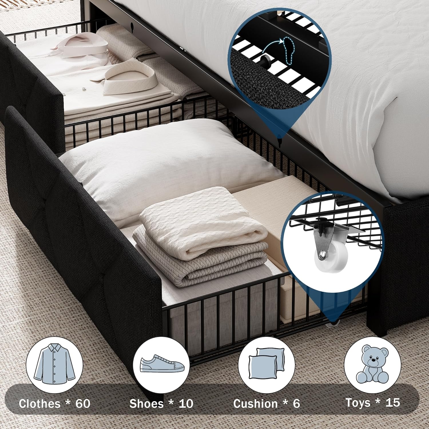 GalnFu Full Size Bed Frame with 4 Large Storage Drawers, Upholstered Platform Bed with Charging Station, Modern Wingback Storage Headboard, Easy Assembly,Noise-Free, Black