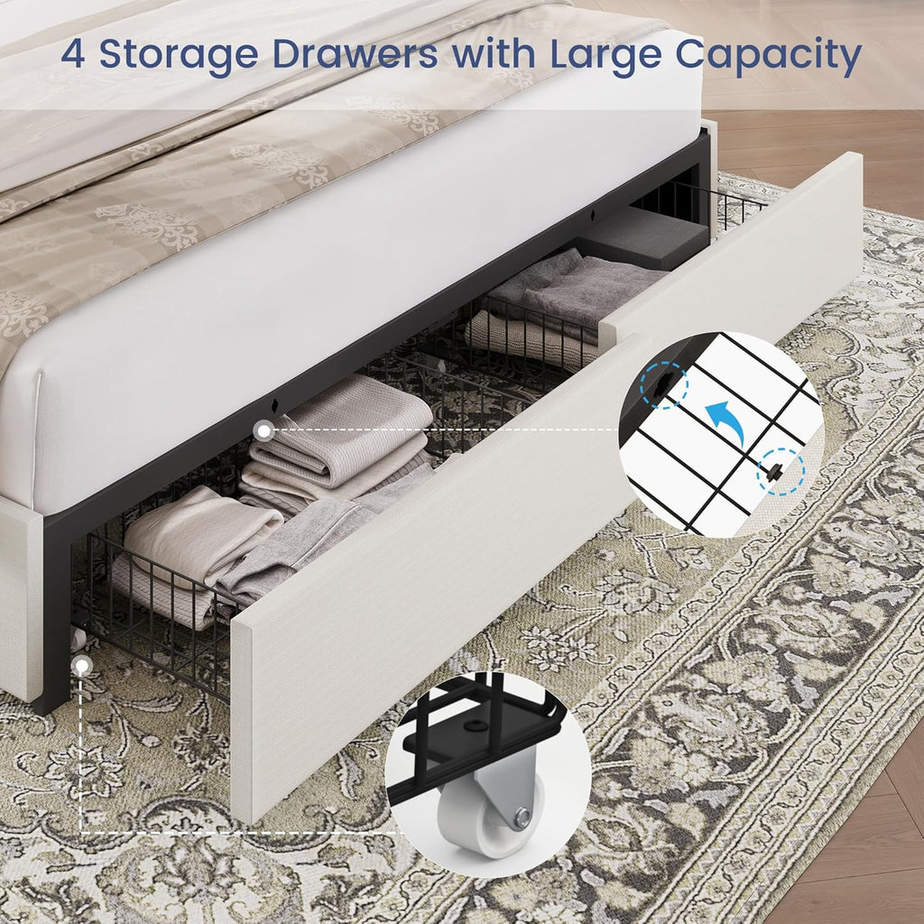 BRELTAM Queen Size Bed Frame with 4 Storage Drawers Linen Upholstered Platform Bed with Wingback Headboard, No Box Spring Needed, Easy Assembly, White