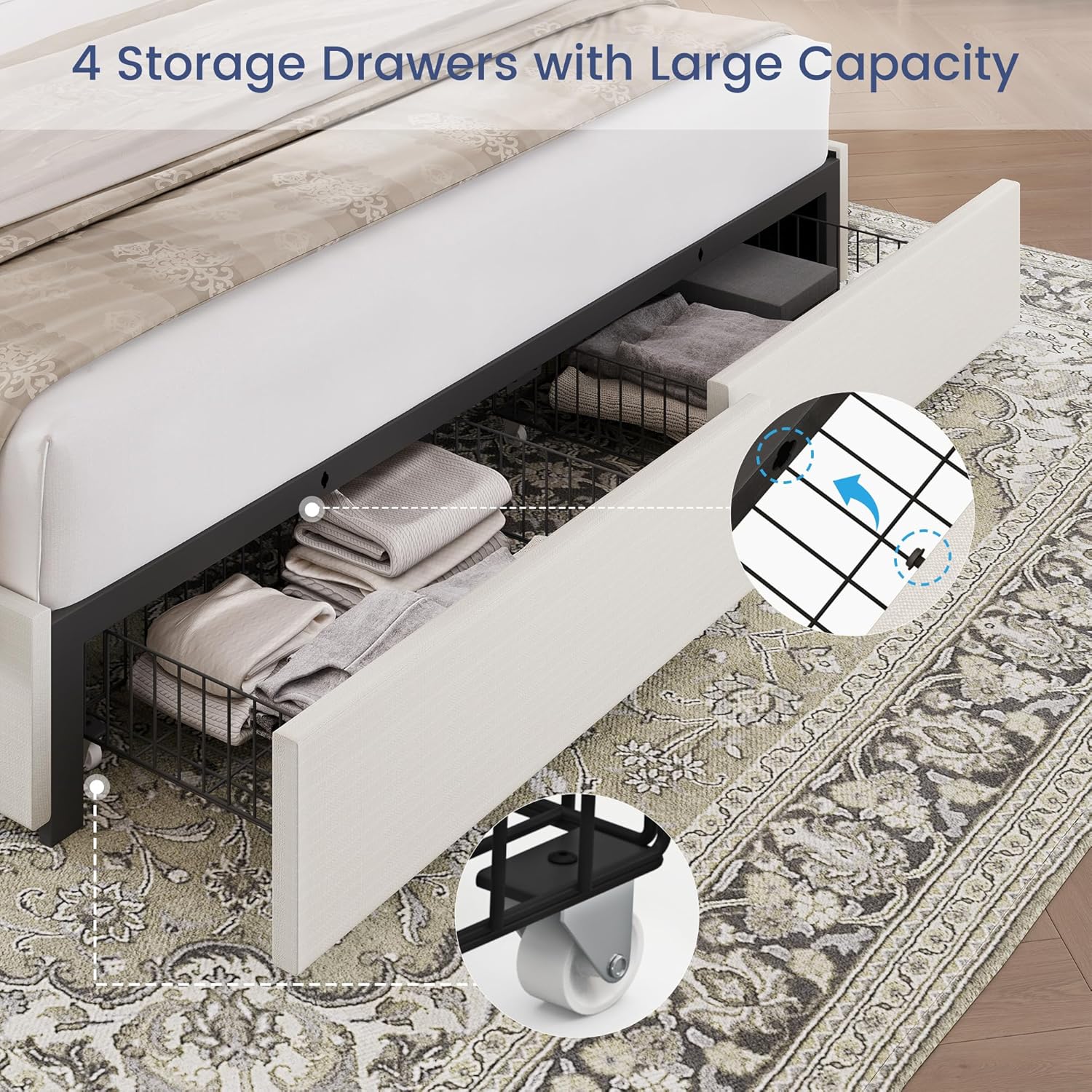 BRELTAM Queen Size Bed Frame with 4 Storage Drawers Linen Upholstered Platform Bed with Wingback Headboard, No Box Spring Needed, Easy Assembly, White