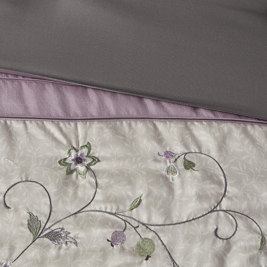 Madison Park Serene Faux Silk Comforter Set - Floral Embroidery Design, All Season Bedding Set, Matching Bed Skirt, Decorative Pillows, Purple Queen(90'x90') 7 Piece