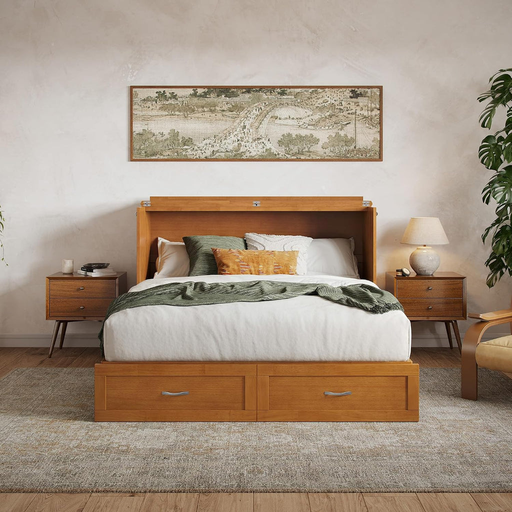 AFI Hamilton Queen Murphy Bed Chest with Mattress, Storage, and Built-in Charger in Light Toffee