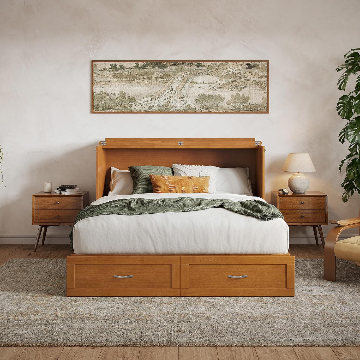AFI Hamilton Queen Murphy Bed Chest with Mattress, Storage, and Built-in Charger in Light Toffee