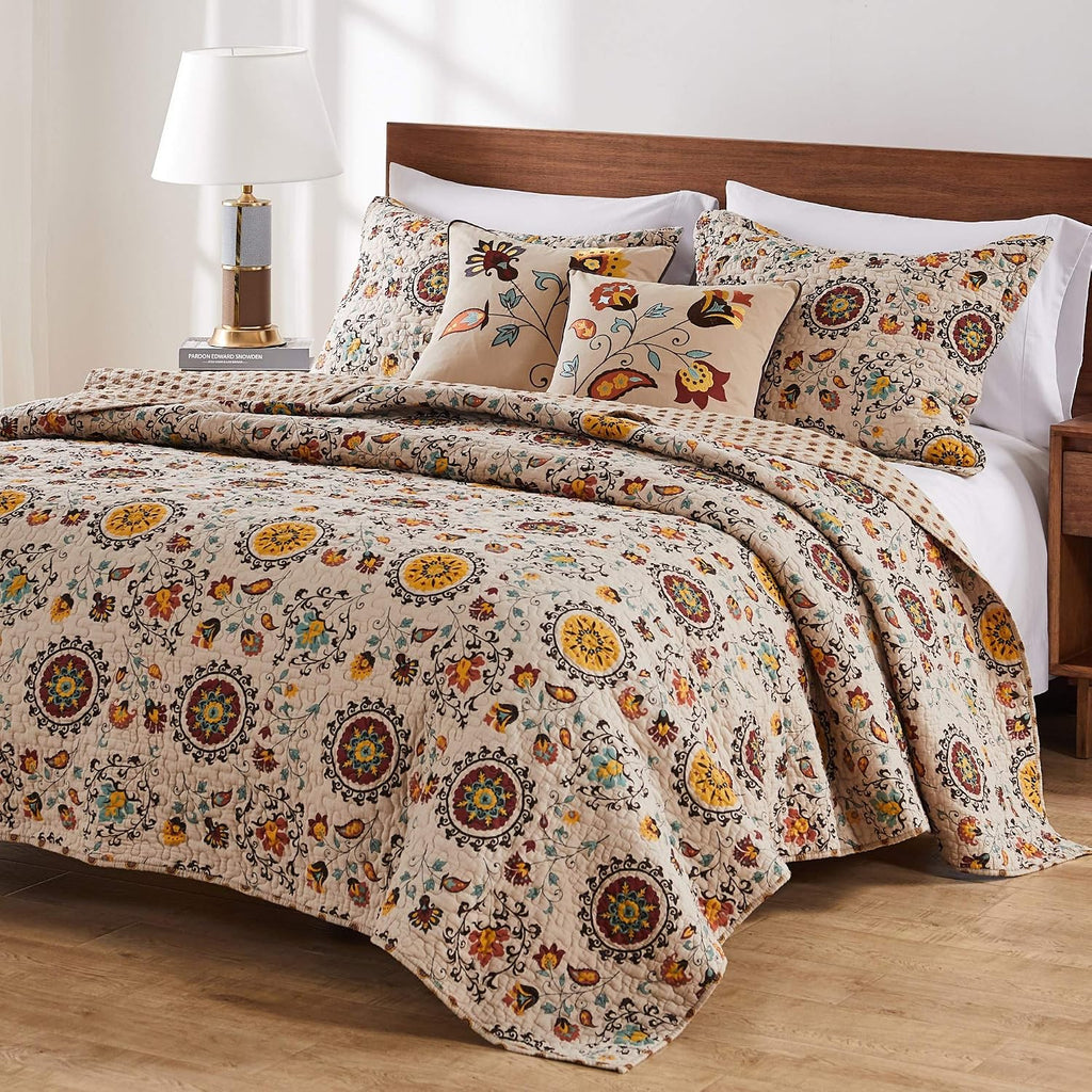 Greenland Home Andorra 100% Cotton Reversible Suzani Quilt Set, 4-Piece Twin/Twin XL