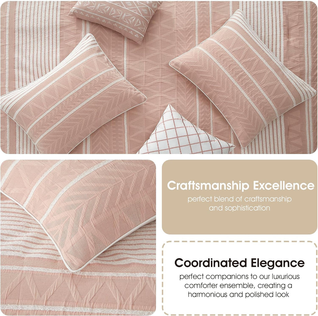 Grand Avenue Cotton Queen Size Comforter Set, 6 Piece, Blush Geometric Jacquard Bedding Set, Bedskirt, Pillows & Shams, Home Decor