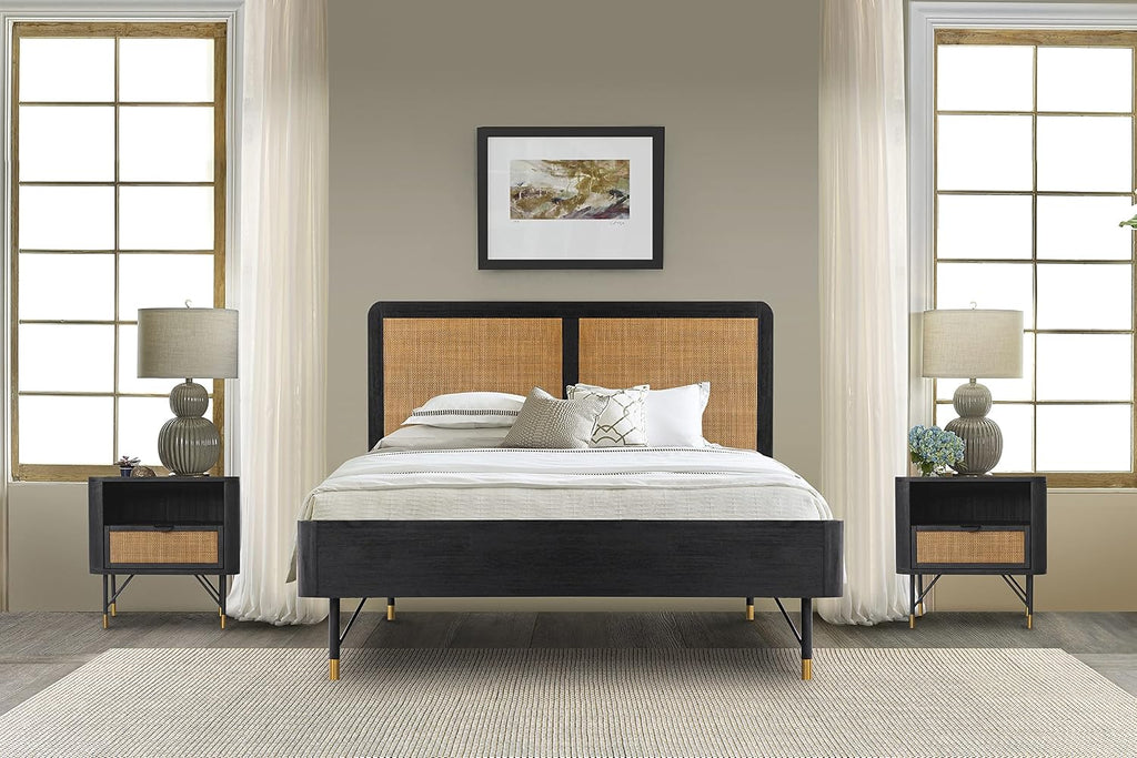 Armen Living Saratoga 3 Piece Queen Bedroom Set in Black Acacia Wood and Rattan