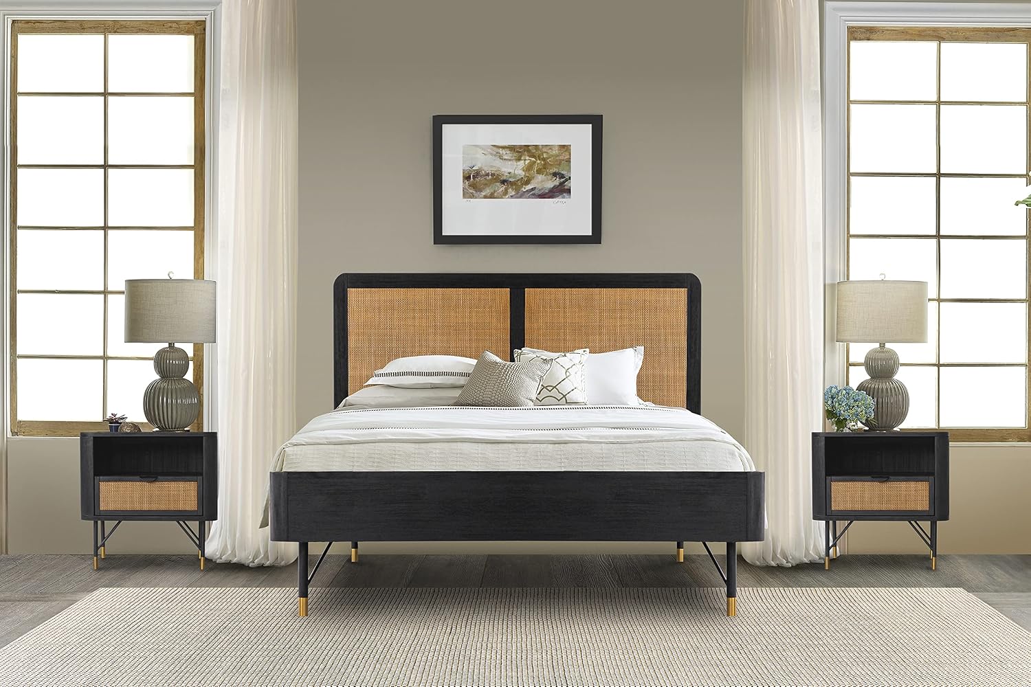 Armen Living Saratoga 3 Piece Queen Bedroom Set in Black Acacia Wood and Rattan