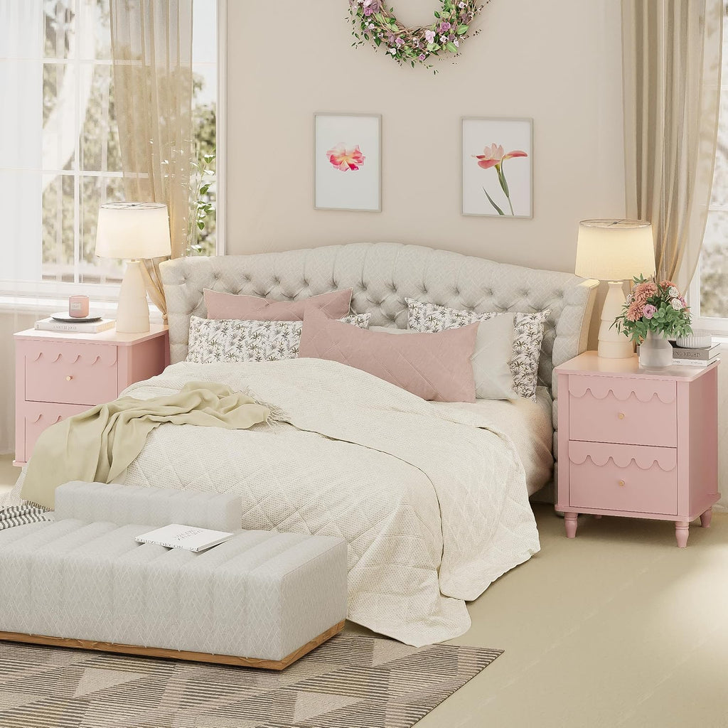 Anbuy Bedroom Sets Scalloped 6 Drawer Dresser and Night Stand Sets for Bedroom, Two Drawers Nightstand Set of 2 & 6 Drawer Dresser Combo 3 Pieces (Pink)