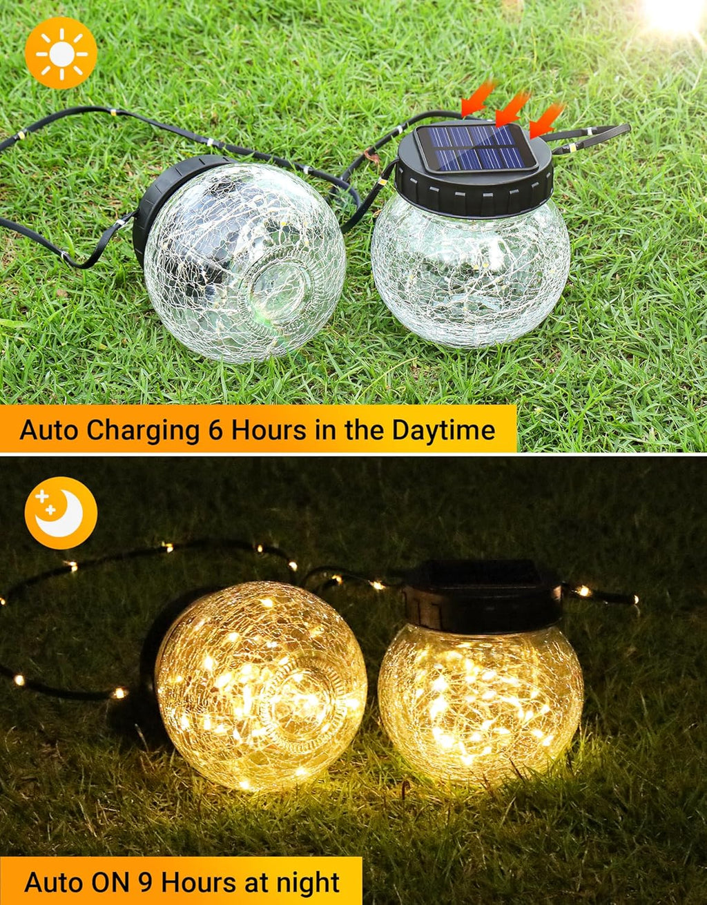 PARTPHONER Solar Lights Outdoor Waterproof 24-Pack, Solar Powered Hanging Lantern Cracked Glass Hanging Globes for Yard Decor Christmas Decoration, Shepherd Hook, Garden Tree Table Ornaments, Warm
