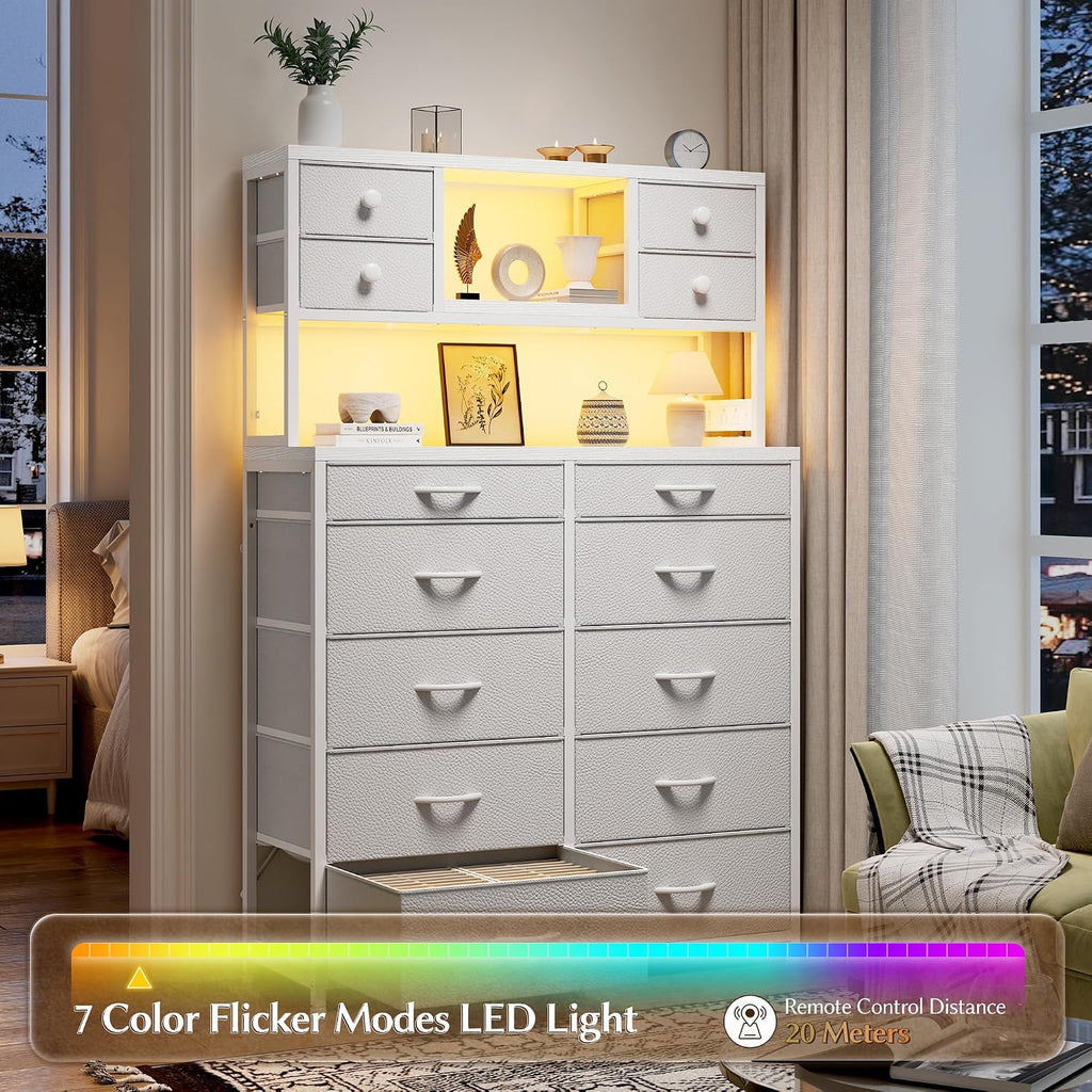 EnHomee 62.8' H Dresser for Bedroom with Multiple Fabric Drawers,White Dresser with Charging Station and LED Lights,Dressers & Chests of Drawers for Bedroom, Steel Frame & Wooden Top, Entryway