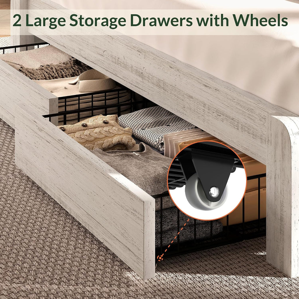 LARMACE King Size Bed Frame with 2 Storage Drawers and Headboard Wooden Platform Bed Frame with LED Lights and Charging Station Easy Assembly/No Box Spring Needed/White
