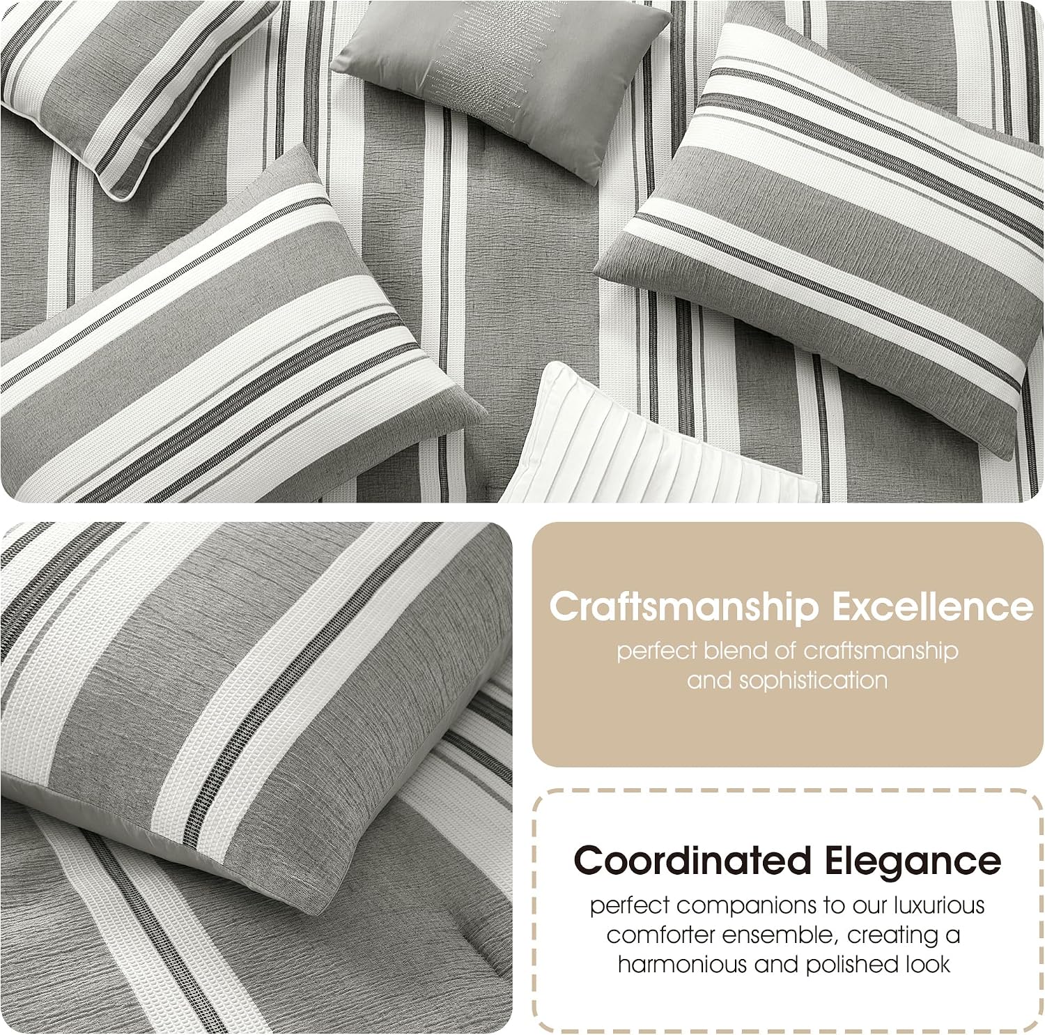 Stratford Park White Grey Comforter Set Queen Size, 7 Piece Geometric Jacquard Bedding Set, Matching Bedskirt, Pillows & Shams, Curtains