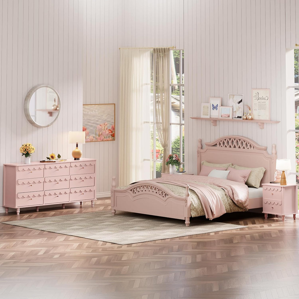 Anbuy Bedroom Sets 9 Drawer Dresser and Night Stand Sets for Bedroom, Two Drawers Nightstand Set of 2 & 9 Drawer Dresser Combo 3 Pieces (Pink)