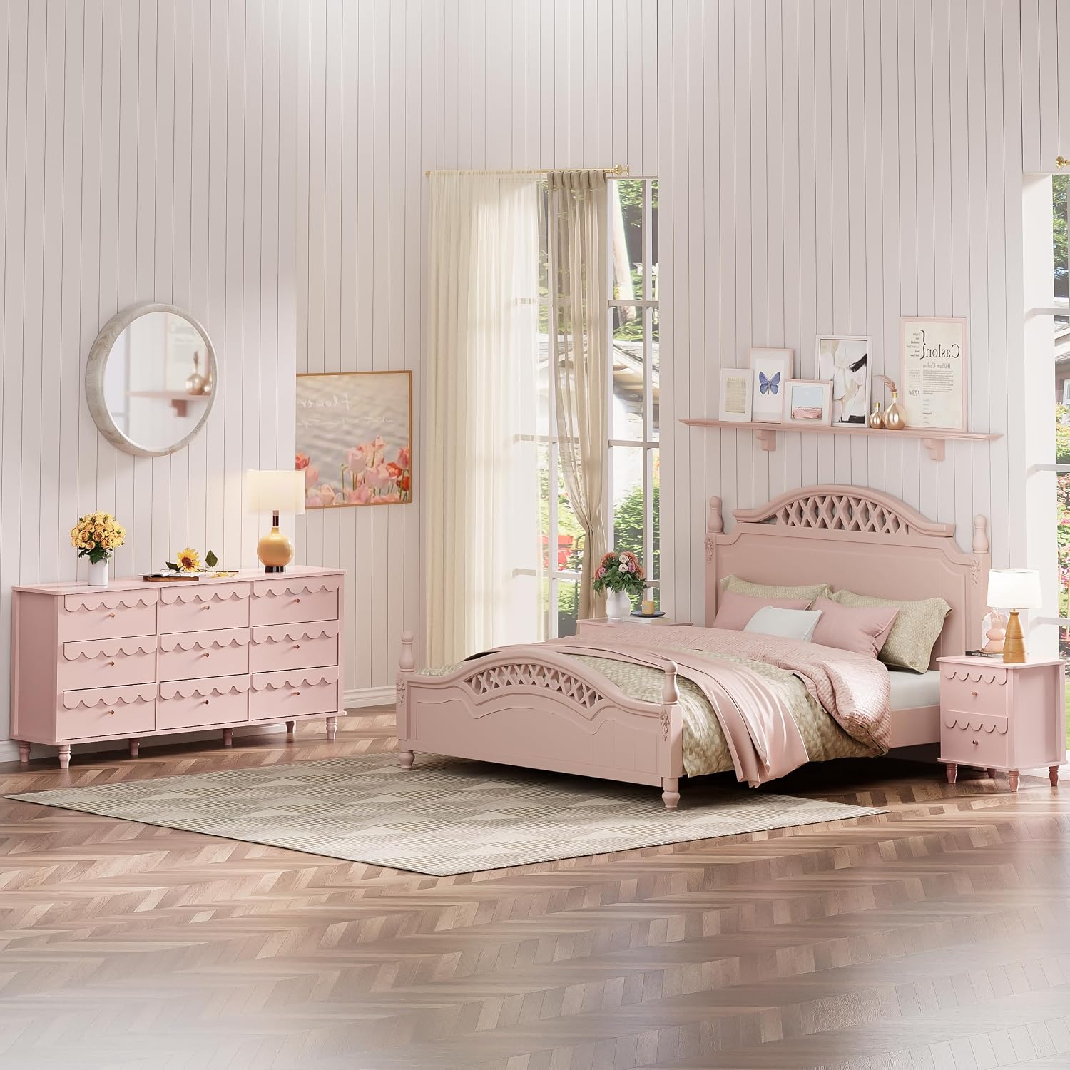 Anbuy Bedroom Sets 9 Drawer Dresser and Night Stand Sets for Bedroom, Two Drawers Nightstand Set of 2 & 9 Drawer Dresser Combo 3 Pieces (Pink)