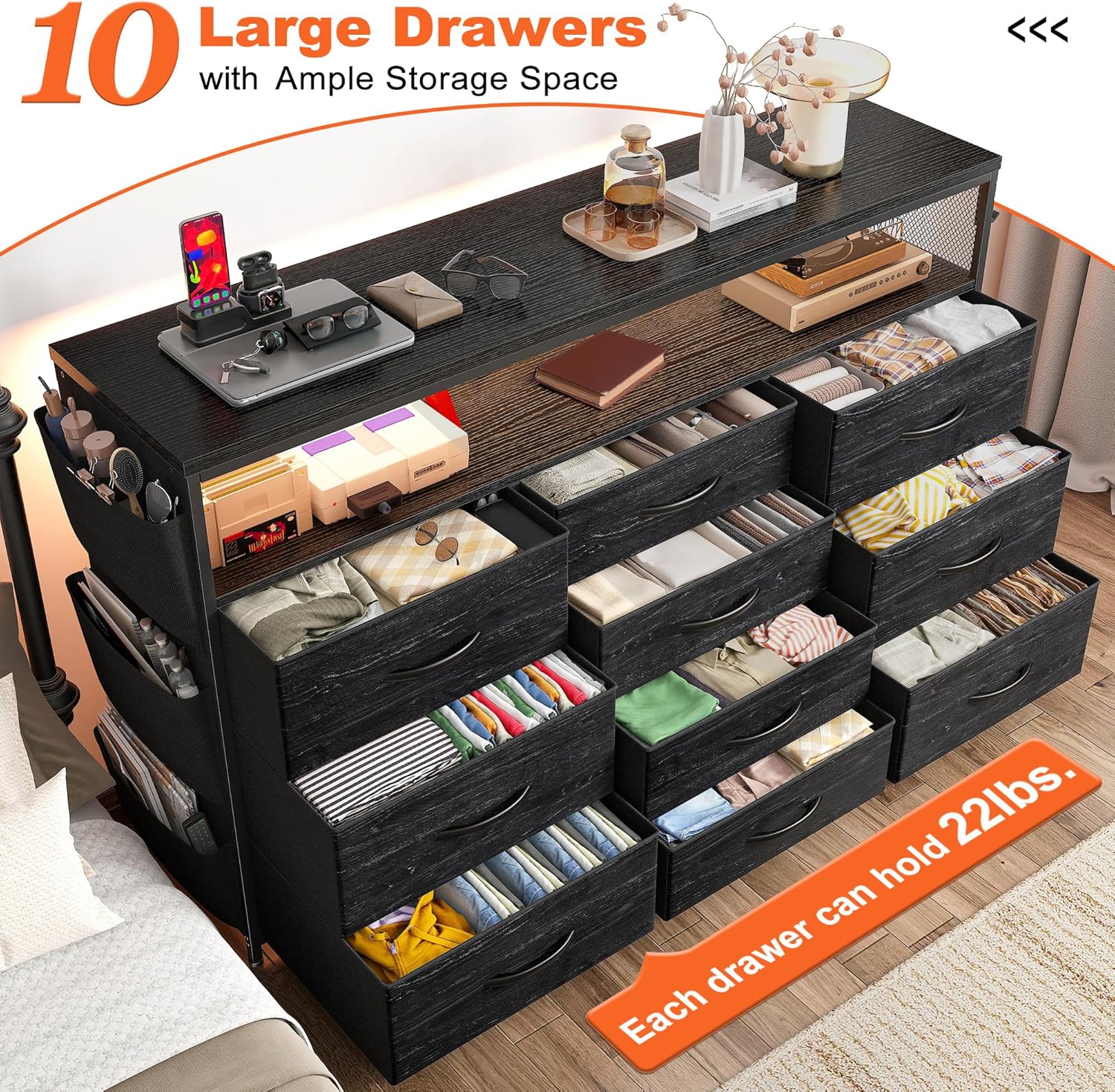 EnHomee Dresser for Bedroom with 10 Drawers, 55' TV Stands with LED Lights & Power Outlets, Dressers with Shelves & Side Pockets, Hooks for Hallway,Charcoal Black