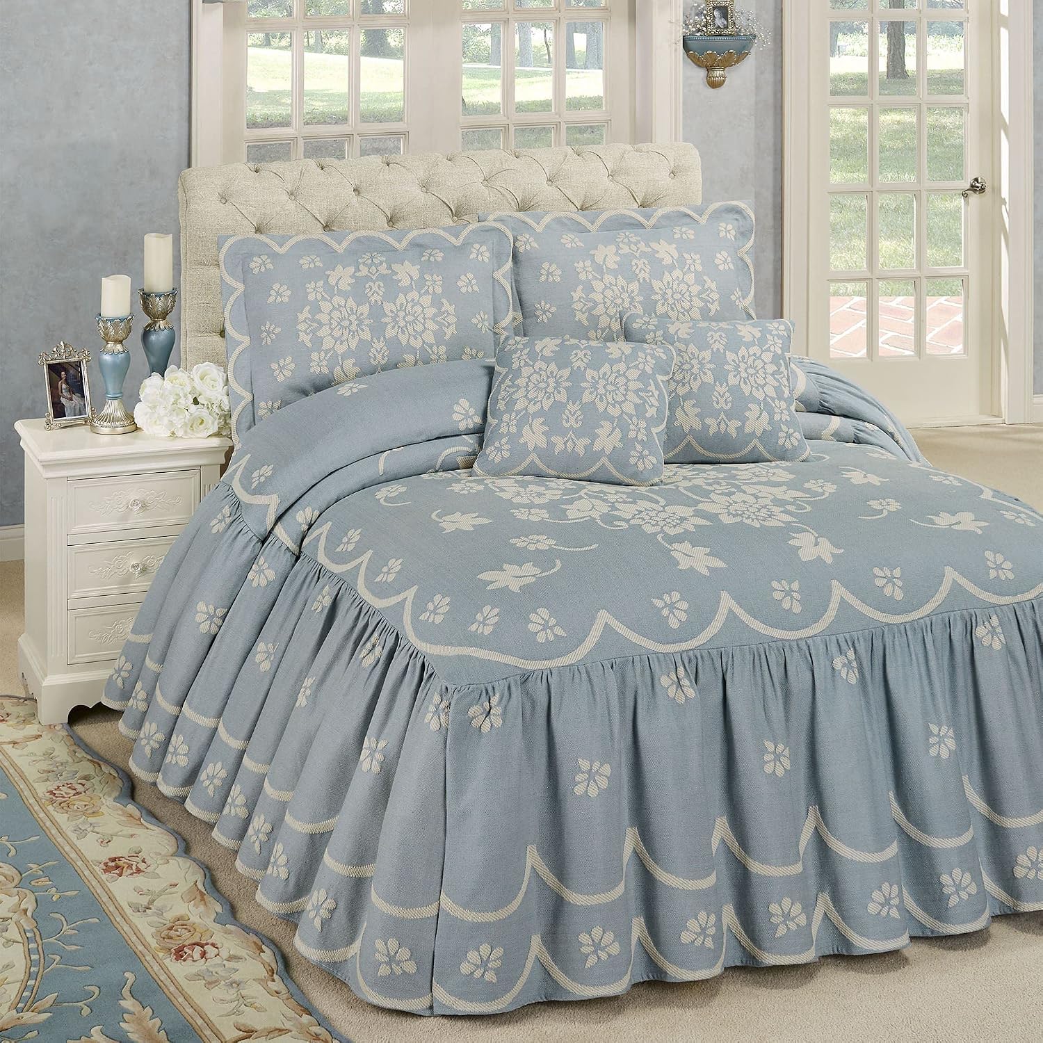 Touch of Class Romantic Floral Primrose Oversized Grande Sterling Blue Flounce Style Bedspread Set - Queen Size - Vintage Cottage Bedspreads - Victorian Aesthetic - 24 Inch Drop - Machine Washable
