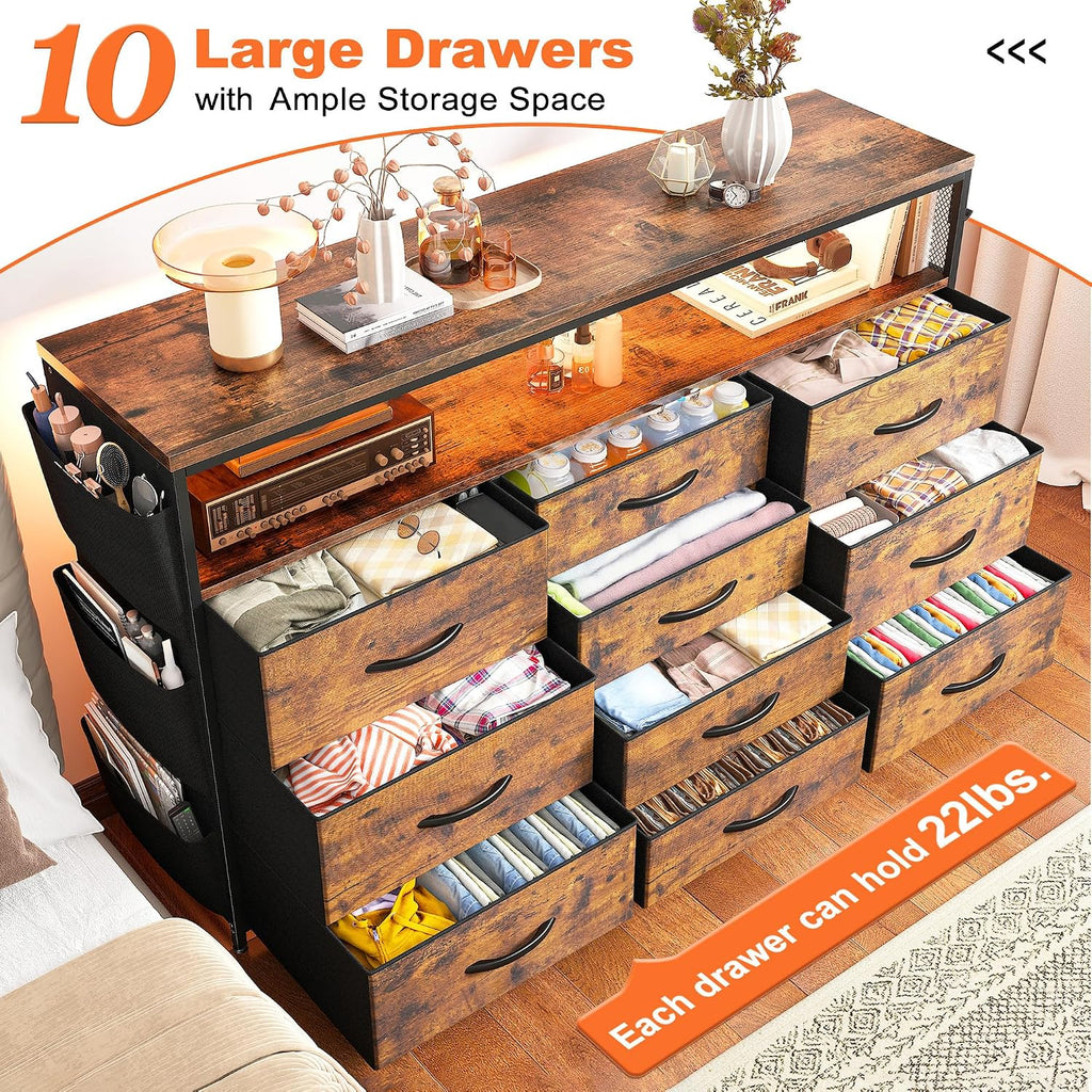EnHomee Dresser for Bedroom with 10 Drawers, 55' TV Stands with LED Lights & Power Outlets, Dressers with Shelves & Side Pockets, Hooks for Hallway,Rustic Brown