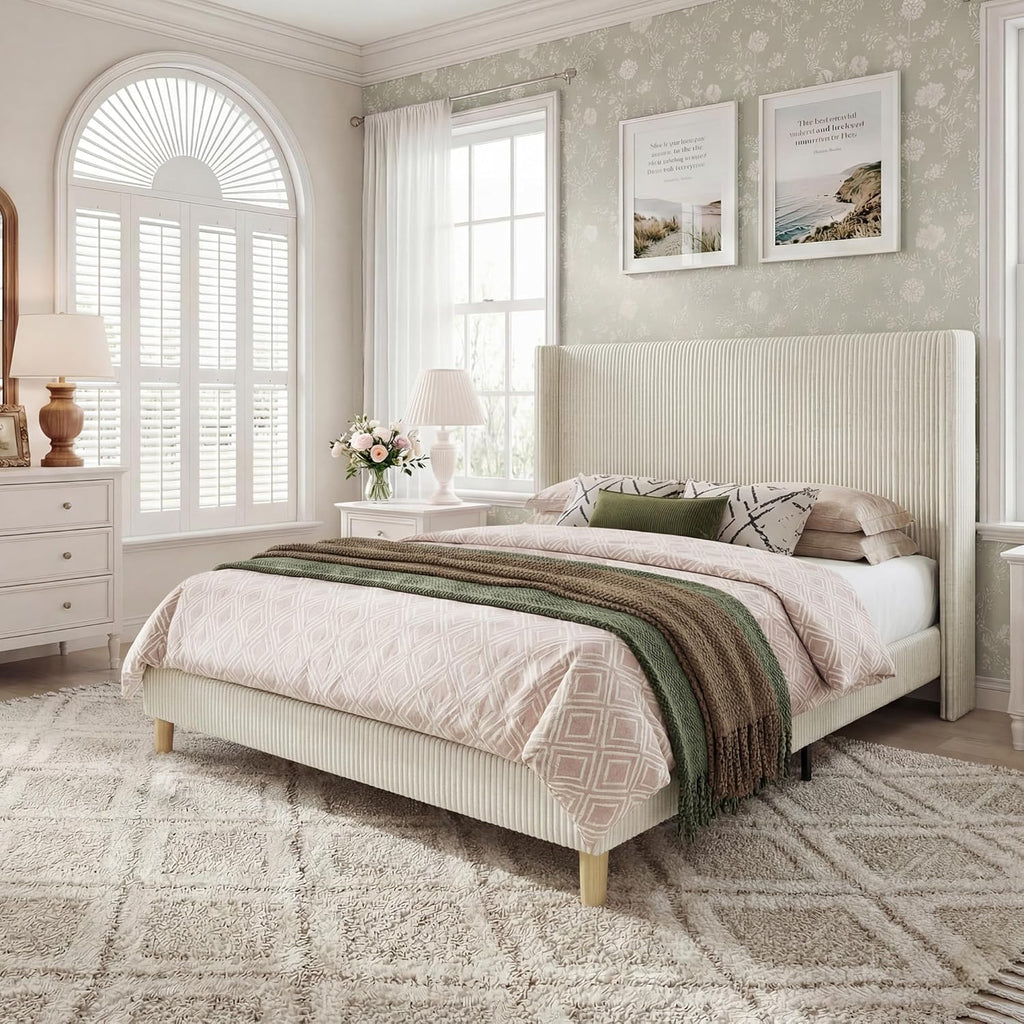 HUAHUU Queen Bed Frame with 51.2' Tall Headboard, Corduroy Upholstered Bed Frame with Wingback, Platform Bed with Wooden Slats Support, Easy Assembly, No Box Spring Needed, Beige