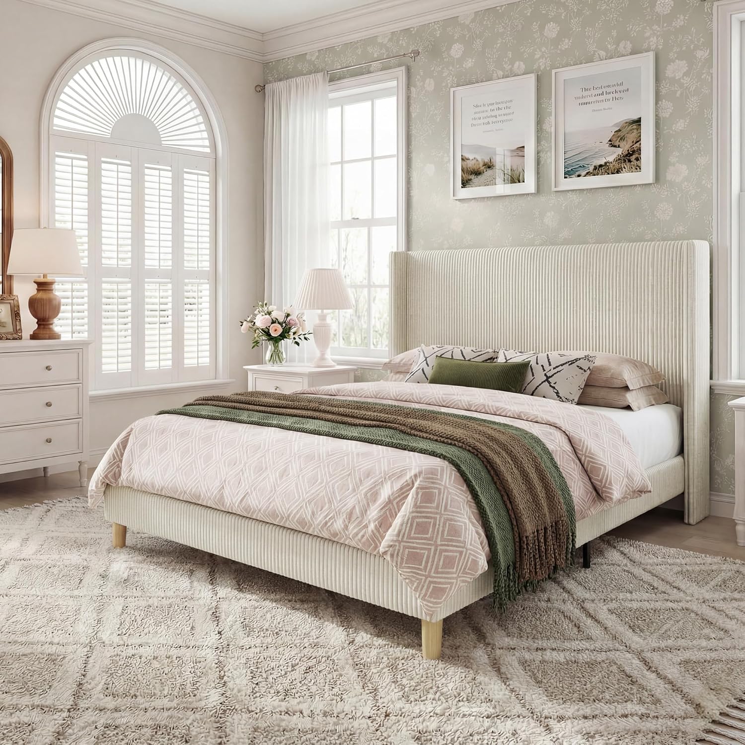 HUAHUU Queen Bed Frame with 51.2' Tall Headboard, Corduroy Upholstered Bed Frame with Wingback, Platform Bed with Wooden Slats Support, Easy Assembly, No Box Spring Needed, Beige