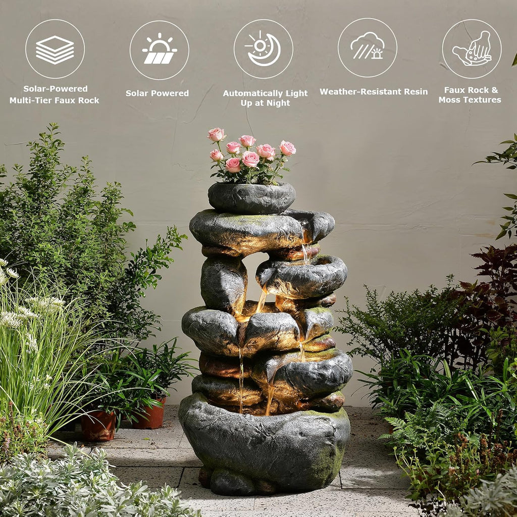 5-Tier Solar Water Fountain Outdoor Garden Cascading Rock Feature, 29.5''Tall Solar Powered Outside Fountains and Waterfalls with Lights for Garden, Patio, Yard, Deck Home Décor