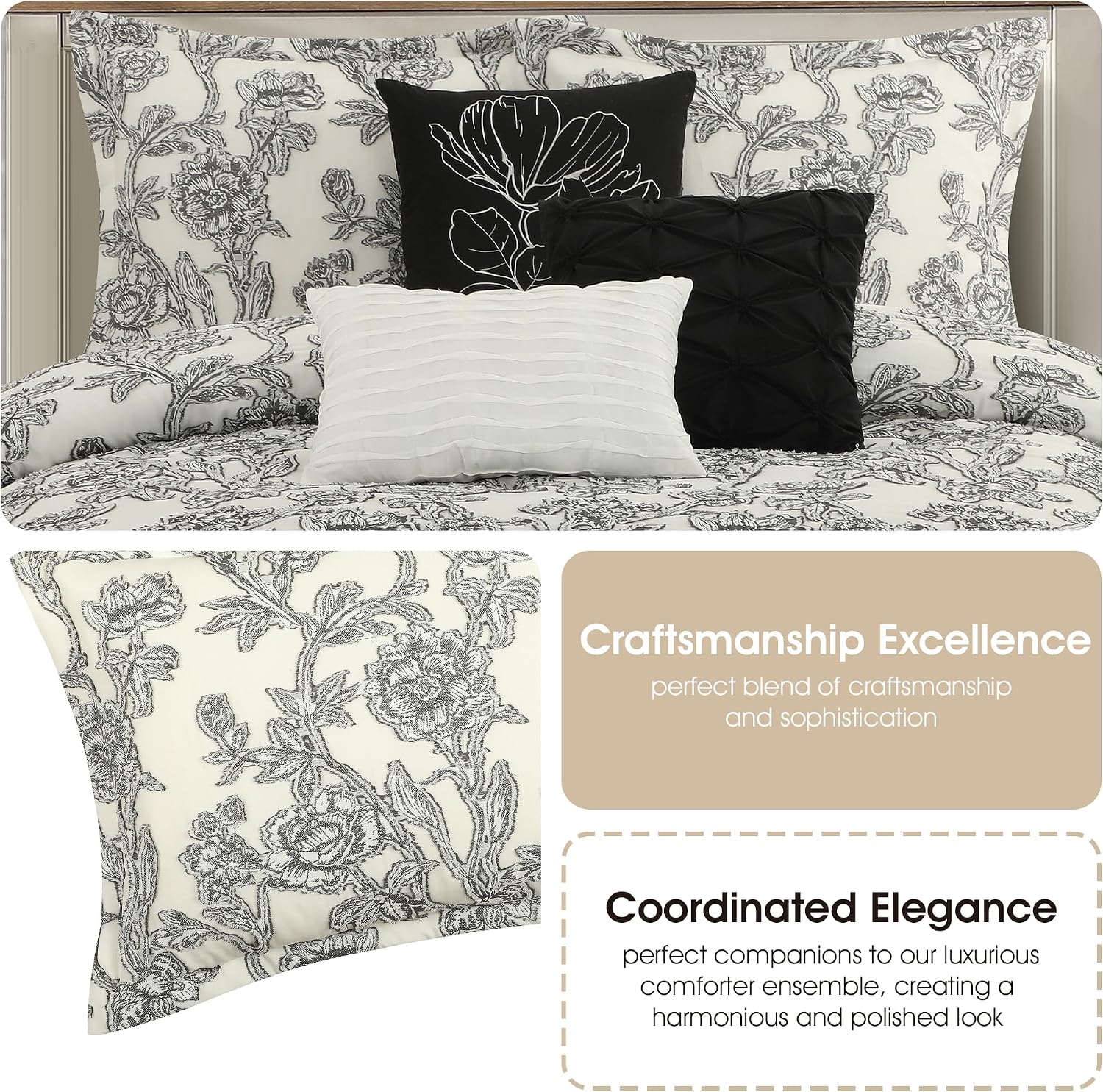 Grand Avenue Black and White Comforter Set Queen Size, 7 Piece Clip Jacquard Floral Bedding Set, All Season Comforters, Bedskirt, Pillows & Shams