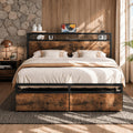LIKIMIO Queen Bed Frame with Storage Headboard, Platform Bed with Drawers and Charging Station, No Box Spring Needed, Easy Assembly, Vintage Brown