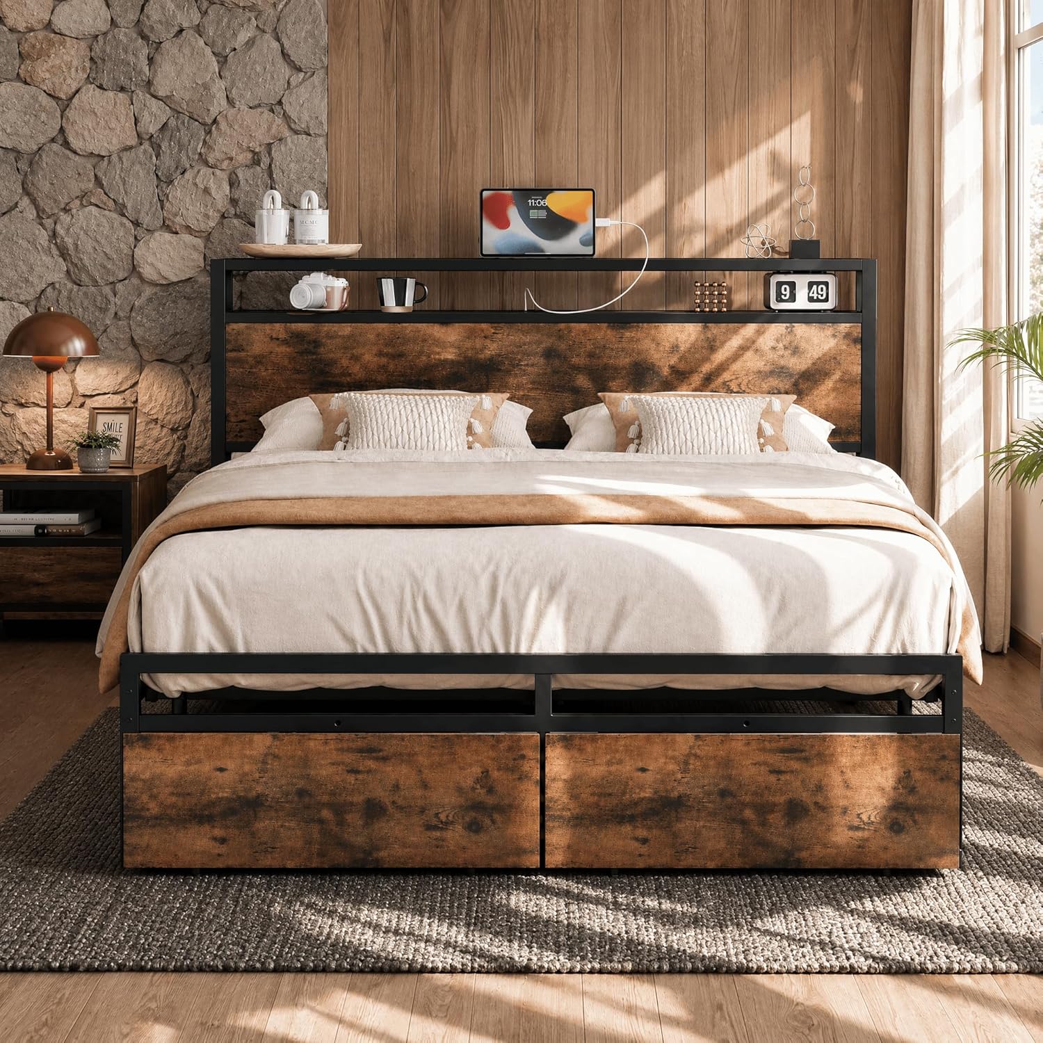 LIKIMIO Queen Bed Frame with Storage Headboard, Platform Bed with Drawers and Charging Station, No Box Spring Needed, Easy Assembly, Vintage Brown