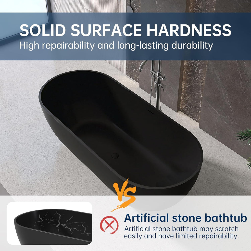 69' Stone Resin Freestanding Bathtub, Oval Solid Surface Bathroom Freestanding Tub, Thin Edge Stand Alone Tub with Integrated Slotted Overflow and Pop-up Drain, Matte Black AFS307-1750