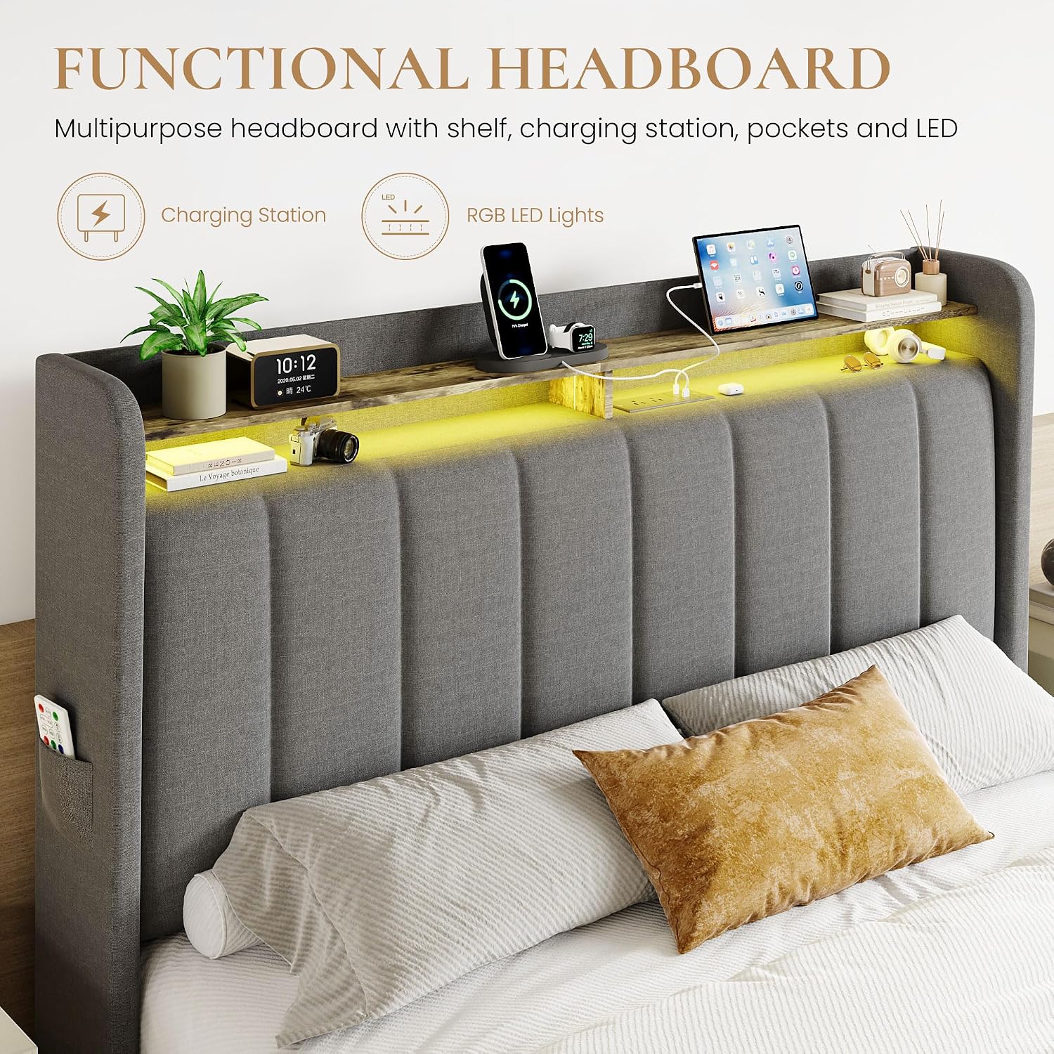 SHA CERLIN Queen Platform Bed Frame with Vertical Channel Tufted Wingback Headboard & 2 Storage Drawers/2-Tier Shelves with LED Lights & Charging Station/Noise-Free/No Box Spring Needed/Dark Grey