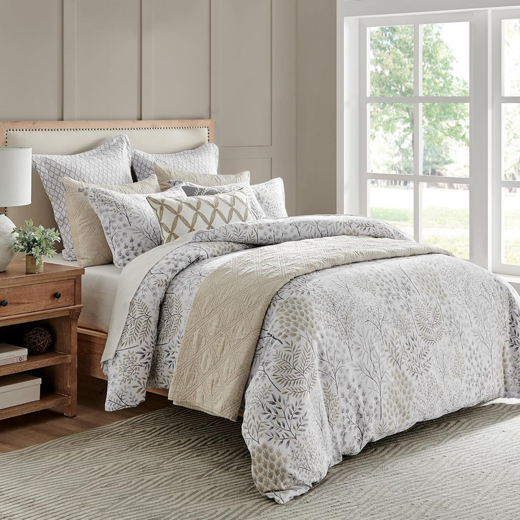 Levtex Home English Forest Natural Reversible Full/Queen Comforter Set (90x94in) with 2 Pillowcases (26x20in) - Floral Bedding - Taupe, Grey - Cotton Full/Queen Size Comforter Set - Soft, Pre-Washed