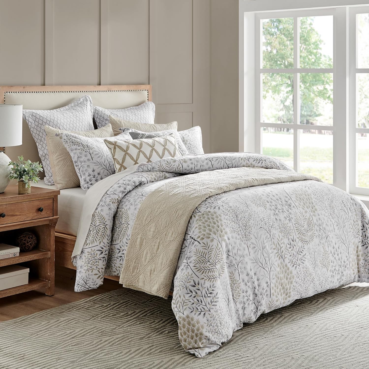 Levtex Home English Forest Natural Reversible Full/Queen Comforter Set (90x94in) with 2 Pillowcases (26x20in) - Floral Bedding - Taupe, Grey - Cotton Full/Queen Size Comforter Set - Soft, Pre-Washed