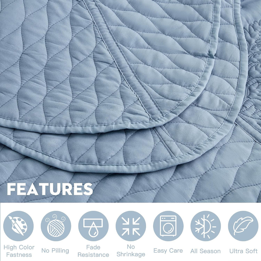 DaisyHuang Botanical Bedspread Full Size - Leaves Pattern Stitching Quilt Set - Elegant & Fresh Style Bedding Coverlets, Reversible, Lightweight, 5 Piece, Ashley Blue