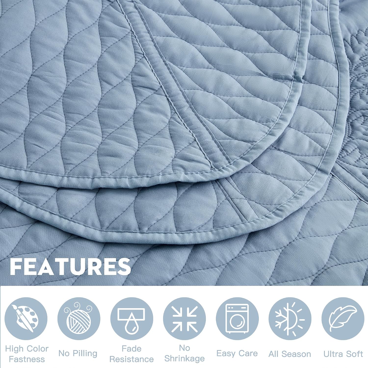 DaisyHuang Botanical Bedspread Full Size - Leaves Pattern Stitching Quilt Set - Elegant & Fresh Style Bedding Coverlets, Reversible, Lightweight, 5 Piece, Ashley Blue