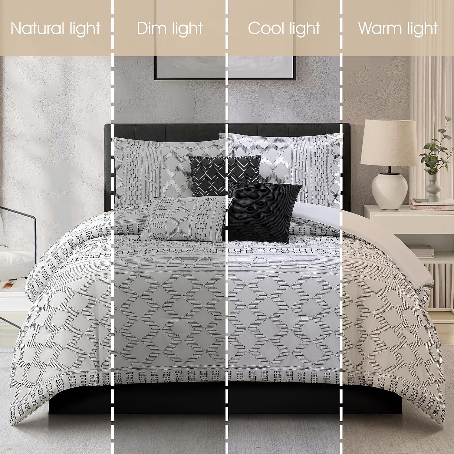 Stratford Park 7 Piece White Black Comforter Set, Queen Size Clip Bedding Set, All Season Geometric Bedding Set, Matching Pillows, Shams, Bed Skirt