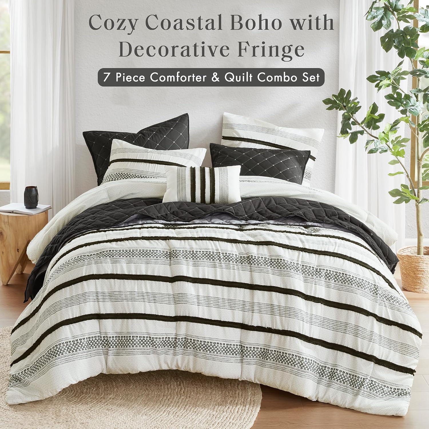 Madison Park King Comforter Set and Quilt Set, Boho Comforter for King Size Bed with Diamond Quilted Coverlet Set, All Season King Size Bedding, Matching Shams, Carolina, King/Cal King Black 7 Piece
