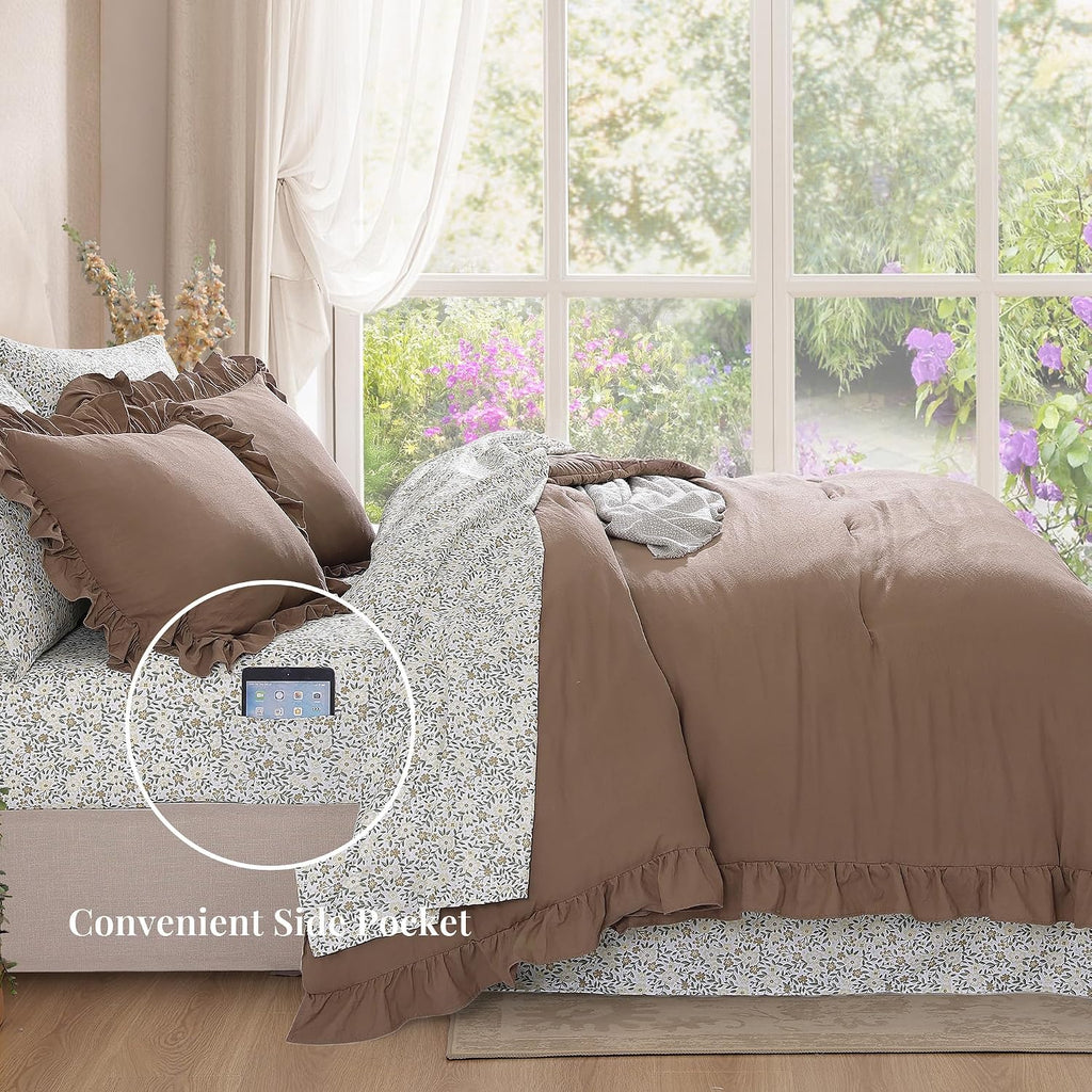 BLOOMHAVEN Oversized King Comforter Set - 7 Pieces Ruffle Amber Brown Bedding Sets, Shabby Chic Farmhouse Bed in a Bag with Ruffle Comforter, Floral Sheets, Pillowcases & Shams