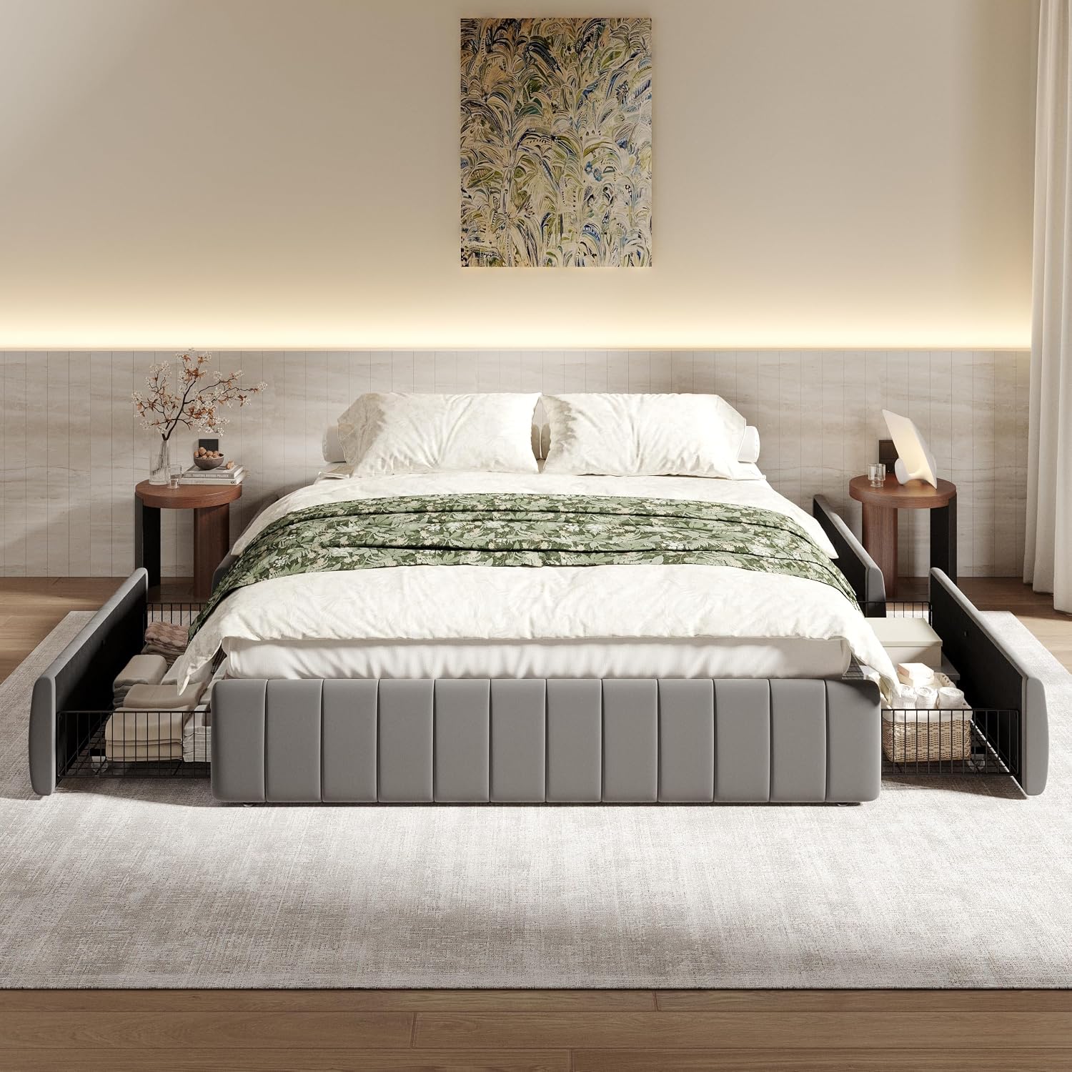 SHA CERLIN Queen Size Velvet Upholstered Platform Bed Frame with 4 Storage Drawers, Vertical Channel Tufted, Low Profile, Fits Standard Headboards, Wooden Slats Support, Easy Assembly, Grey