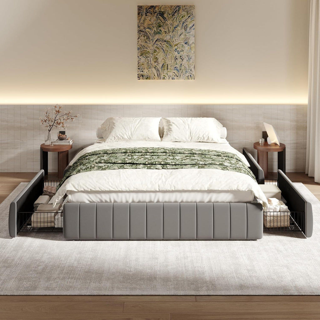 SHA CERLIN Full Size Velvet Upholstered Platform Bed Frame with 4 Storage Drawers, Vertical Channel Tufted, Low Profile, Fits Standard Headboards, Wooden Slats Support, Easy Assembly, Grey