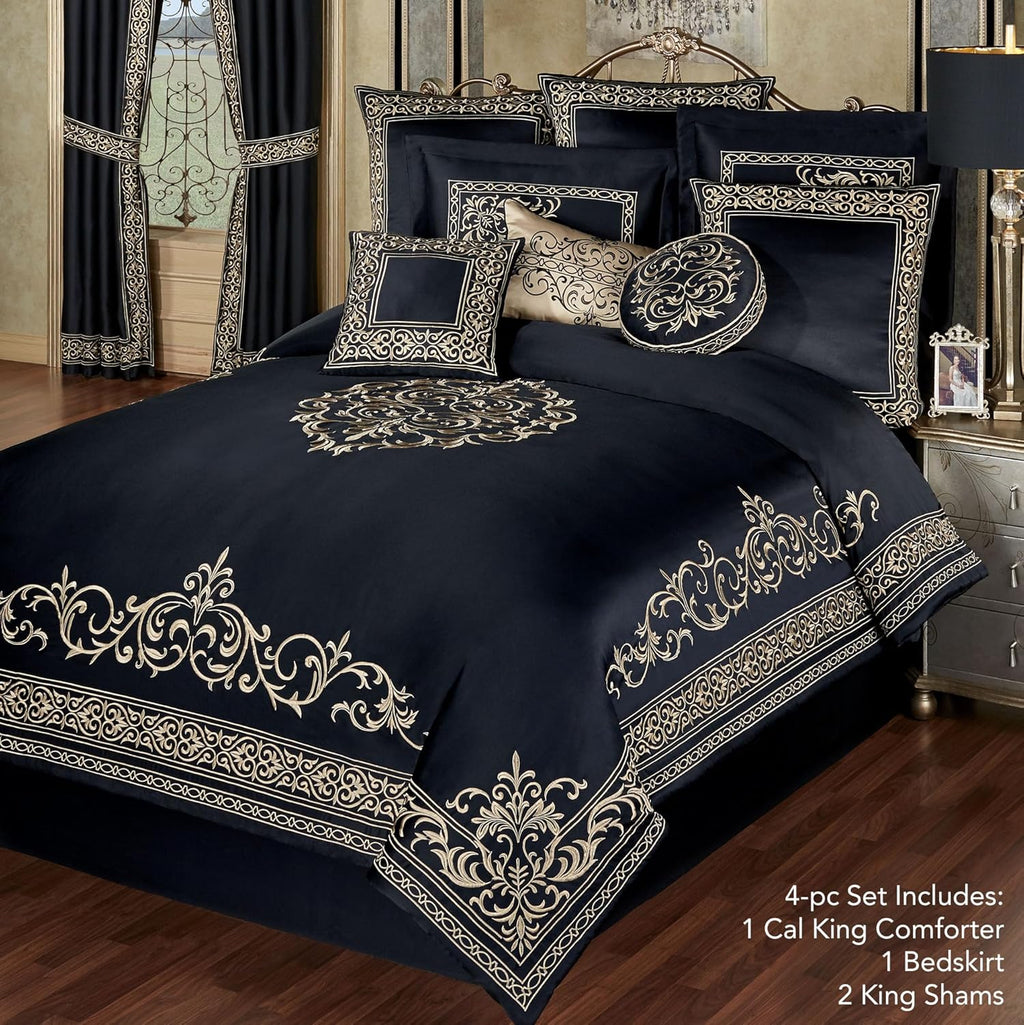 Touch of Class Kensington Luxury Bedding | Classic Black | Palace-Inspired Golden Scrollwork Embroidery on Sateen Design | 4 Piece Set Includes California King Comforter, Bedskirt, and 2 King Shams