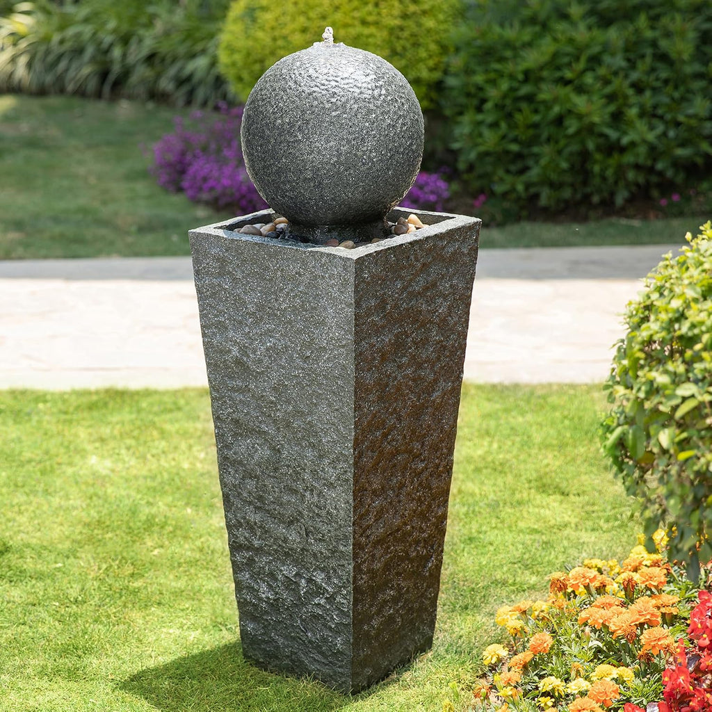 Glitzhome Outdoor Water Fountain with LED Light, Oversized Modern Sphere Pedestal Water Fountain with Submersible Pump, Outdoor Fountains Garden Waterfall for Patio Deck Porch, 40.25' H