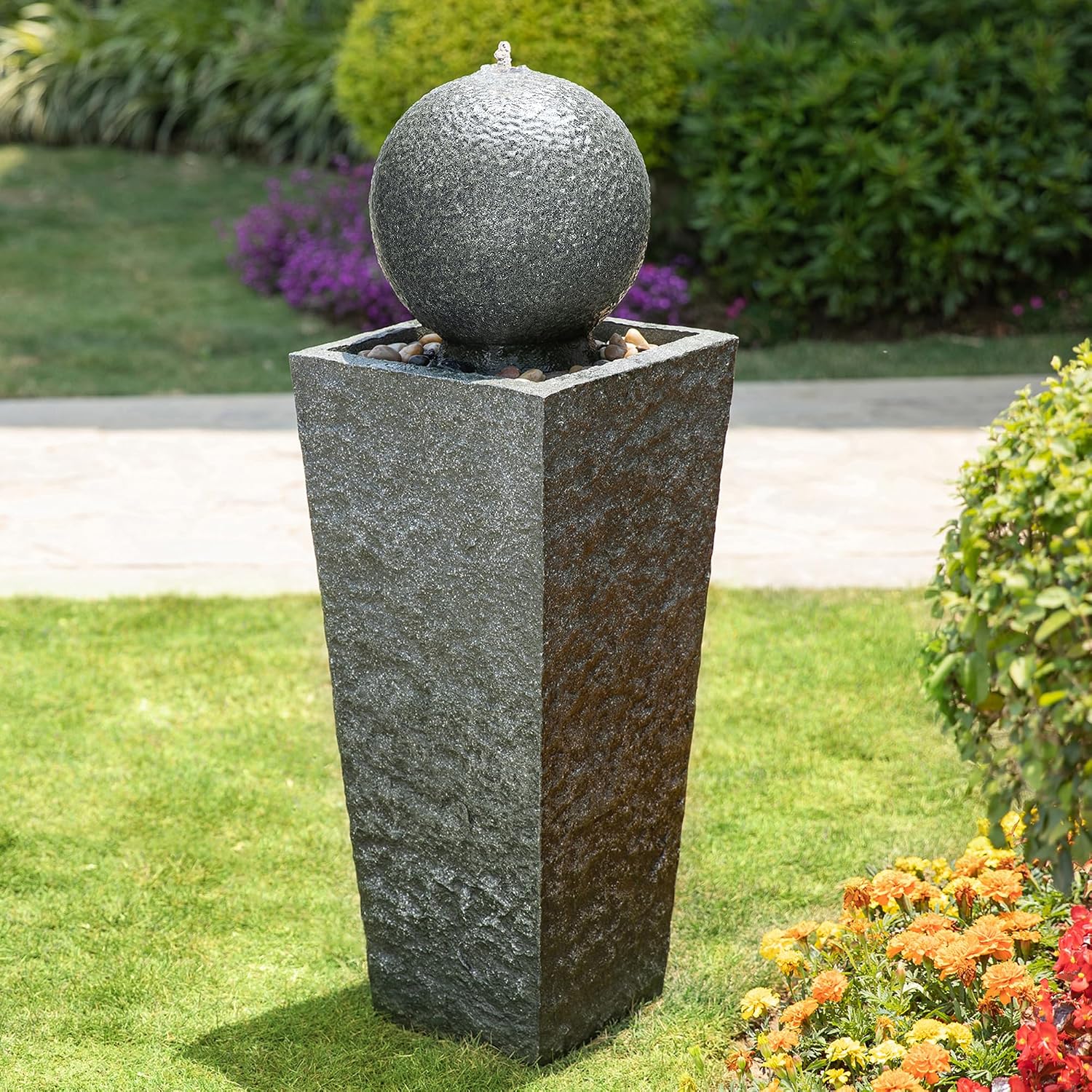 Glitzhome Outdoor Water Fountain with LED Light, Oversized Modern Sphere Pedestal Water Fountain with Submersible Pump, Outdoor Fountains Garden Waterfall for Patio Deck Porch, 40.25' H