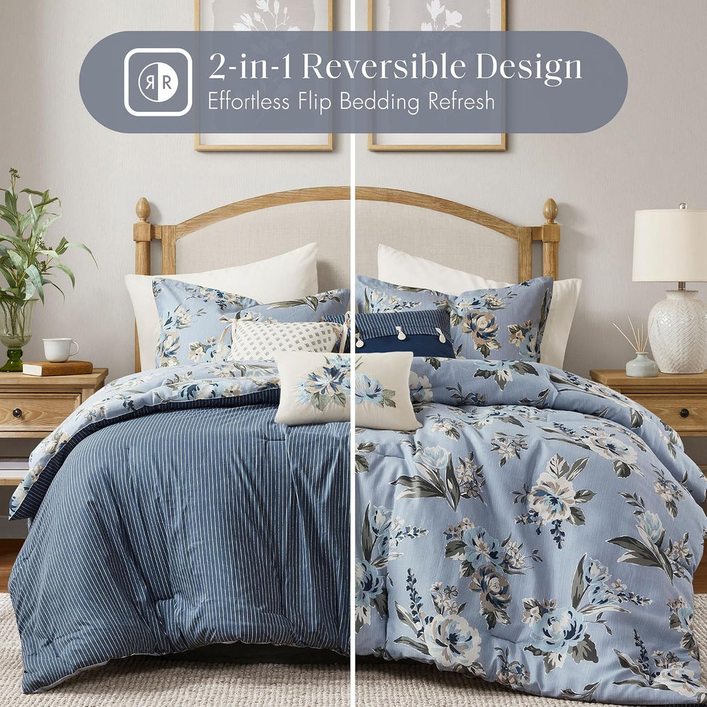 Madison Park Vintage Floral Reversible Comforters Set King Size Bed, All Season, Down Alternative Bedding Comforter, Bedskirt, Pillows, Shams, Blue 7 Piece