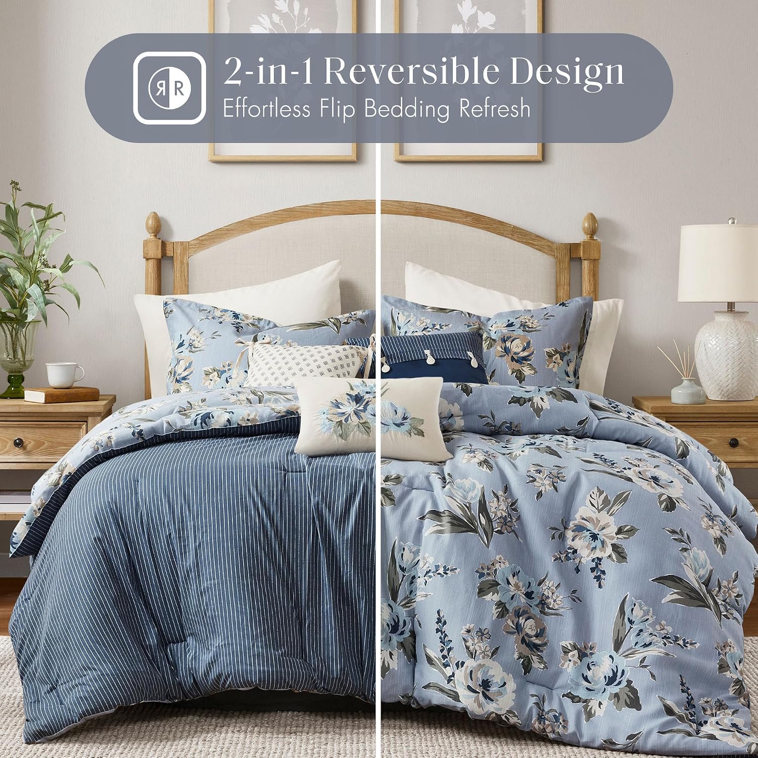 Madison Park Vintage Floral Reversible Comforters Set King Size Bed, All Season, Down Alternative Bedding Comforter, Bedskirt, Pillows, Shams, Blue 7 Piece