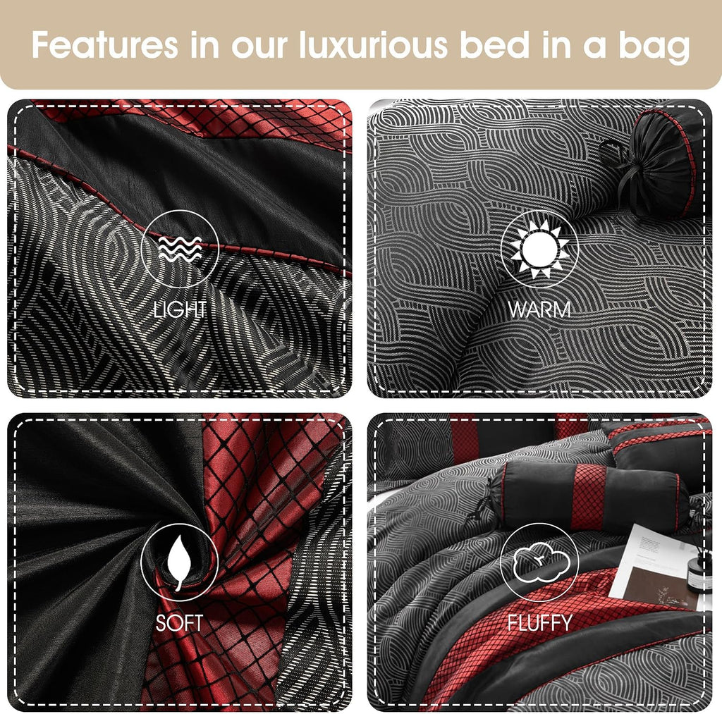 Grand Avenue Red and Black Comforter Set Full, Jacquard & Flocking Technique, Modern Design All Season Striped Bedding Sets, 7 Pieces Home Décor