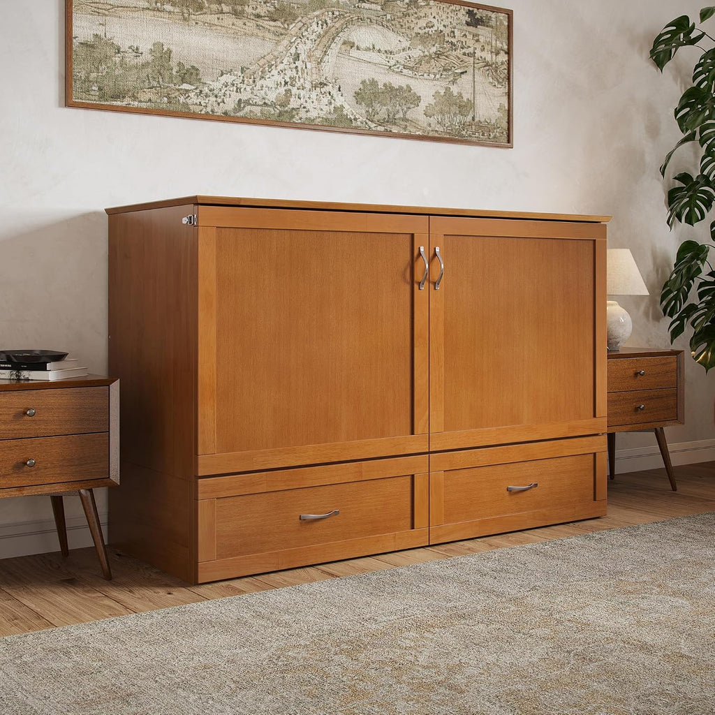 AFI Hamilton Queen Murphy Bed Chest with Mattress, Storage, and Built-in Charger in Light Toffee