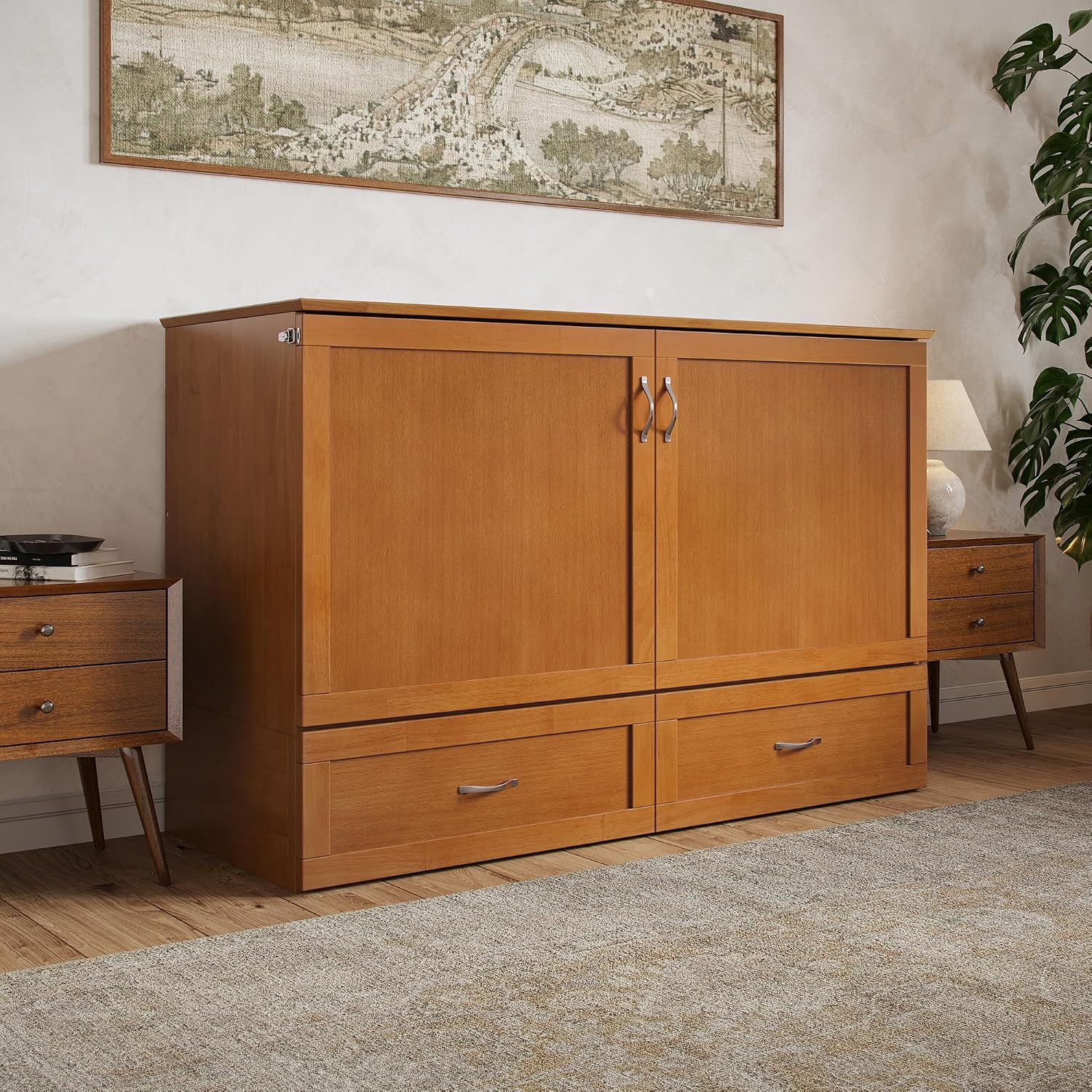 AFI Hamilton Queen Murphy Bed Chest with Mattress, Storage, and Built-in Charger in Light Toffee