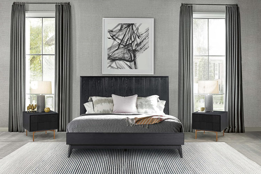 Armen Living Carnaby Queen 3 Piece Bedroom Set in Black Brushed Oak Wood