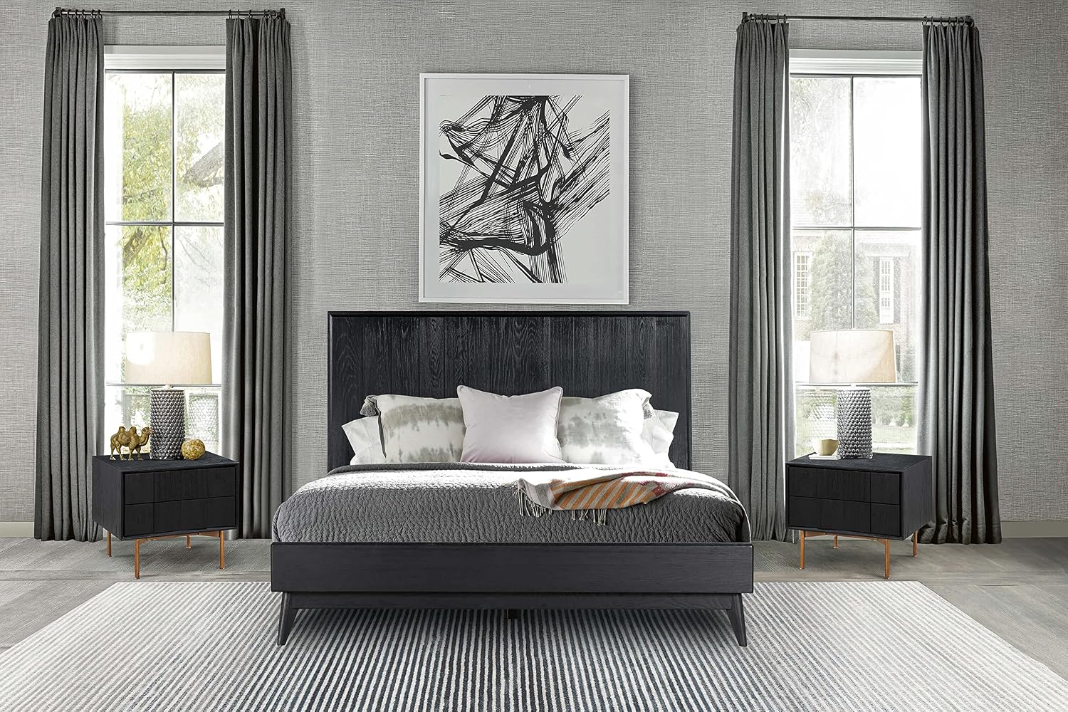 Armen Living Carnaby Queen 3 Piece Bedroom Set in Black Brushed Oak Wood