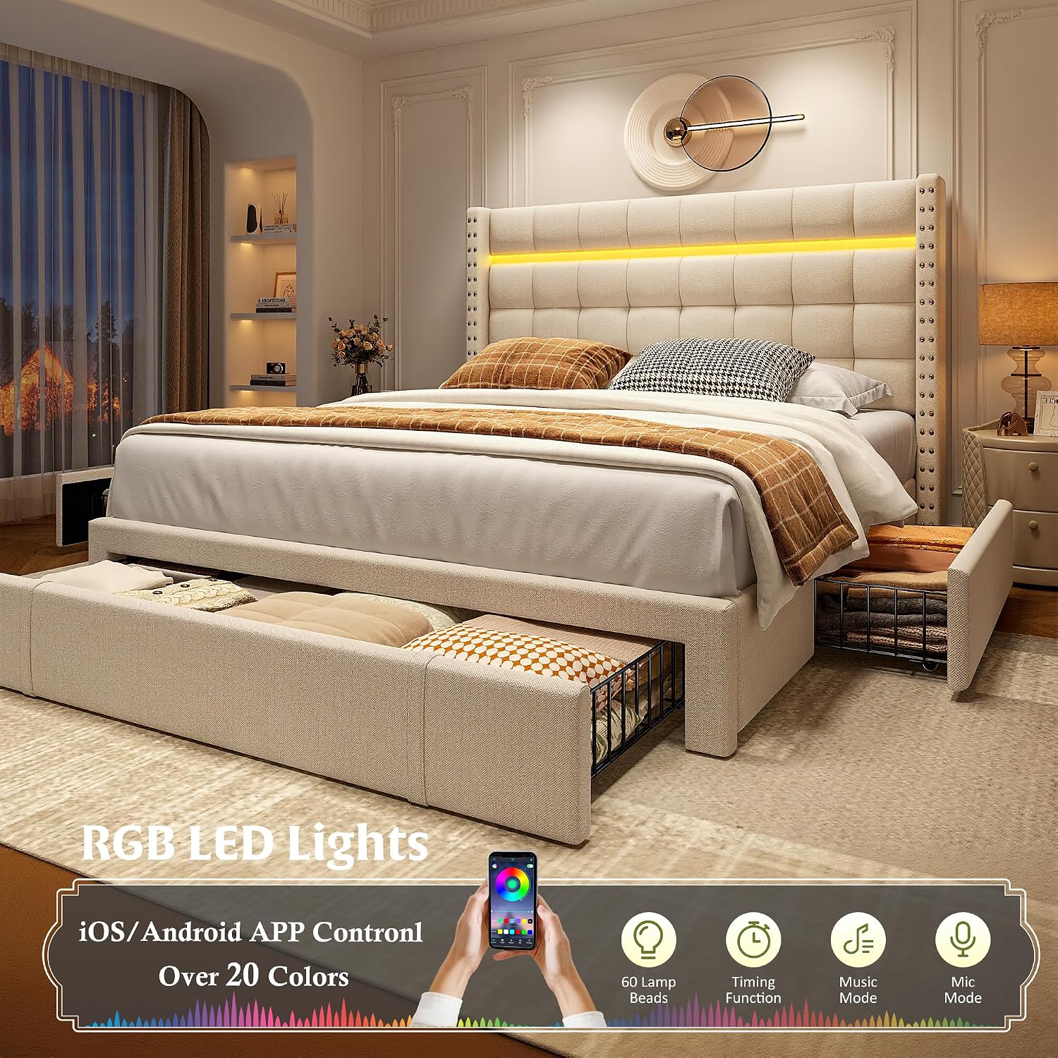 EnHomee Full Bed Frame with Adjustable Headboard &3 Storage Drawers,Upholstered Bed Frame Full Size with LED Light,No Box Spring Needed,Noise Free,Easy Assembly,Beige