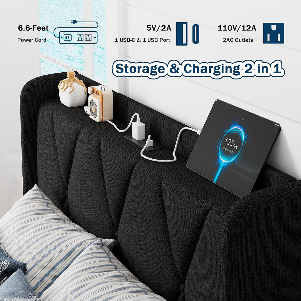 GalnFu Twin Bed Frame with 4 Large Storage Drawers, Upholstered Platform Bed with Charging Station, Modern Wingback Storage Headboard, Easy Assembly,Noise-Free, Black