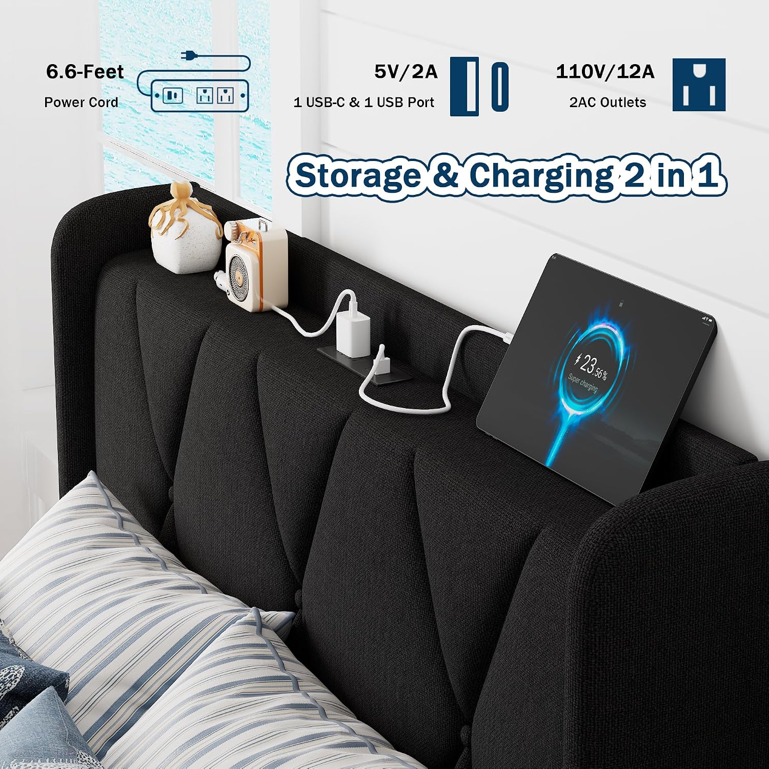 GalnFu Twin Bed Frame with 4 Large Storage Drawers, Upholstered Platform Bed with Charging Station, Modern Wingback Storage Headboard, Easy Assembly,Noise-Free, Black